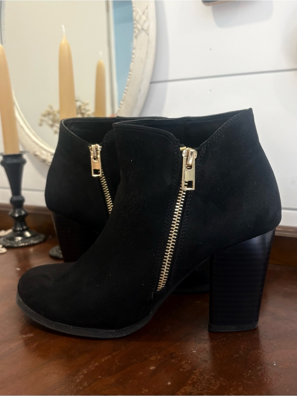 Call It Spring Black Suede Ankle Boots with Gold Zippers